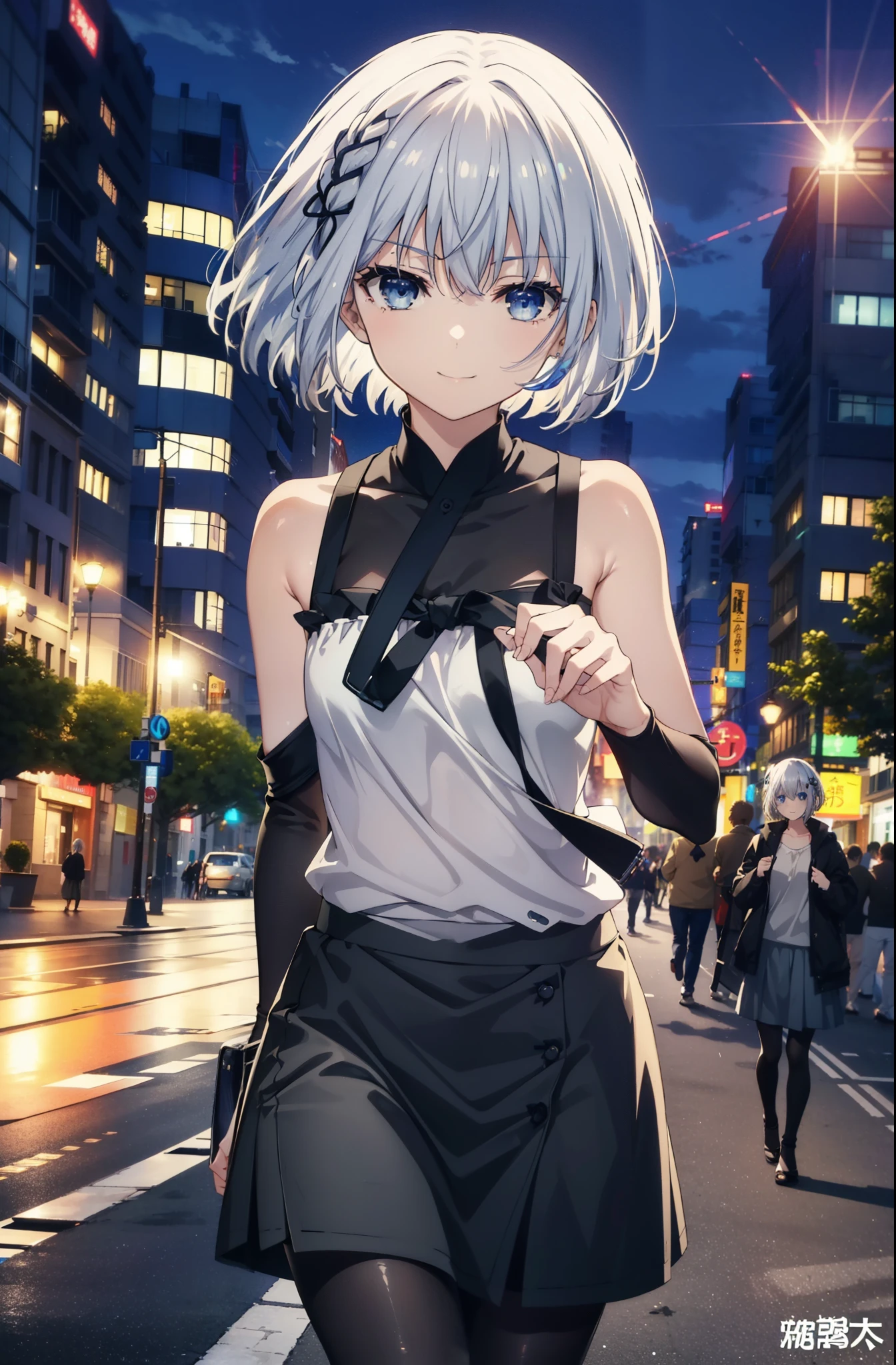 origamitobiichi, Origami Tobiichi Casual, short hair, blue eyes, hair ornaments, Gray Hair, Sleeveless dress,Long skirt,Black pantyhose,Heeled Sandals,happy smile, smile, Open your mouth,True Summer,Daytime,So that the whole body goes into the illustration,
break ,
break outdoors, In town,Building district, crowd, people々,
break looking at viewer, 全身
break (masterpiece:1.2), highest quality, High resolution, unity 8k wallpaper, (figure:0.8), (Beautiful fine details:1.6), Highly detailed face, Perfect lighting, Highly detailed CG, (Perfect hands, Perfect Anatomy),