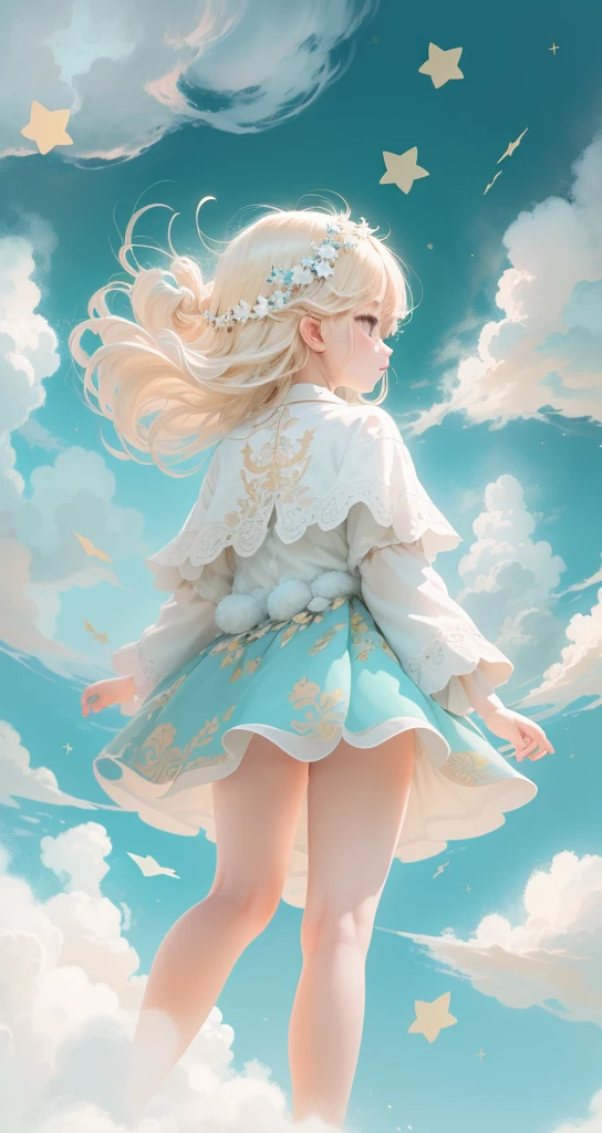 (best quality,4K,8k,high resolution,masterpiece:1.2), The girl in the clouds has hair as fluffy as clouds。tiny stars。Light hair。dreaming。Fantasy illustrations。Dreamy colors。Children&#39;s illustration style。