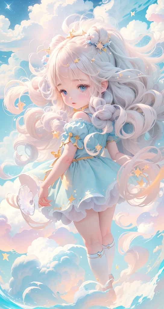 (best quality,4K,8k,high resolution,masterpiece:1.2), The girl in the clouds has hair as fluffy as clouds。tiny stars。Light hair。dreaming。Fantasy illustrations。Dreamy colors。Children&#39;s illustration style。