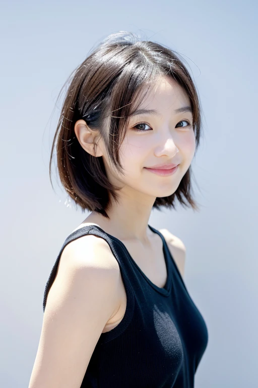 Beautiful and cute Japanese woman, inorganic Snow White background, natural skin, cute smile with closed mouth, very short black hair, forehead visible, childish face, small build, short stature, sleeveless dress, Natural skin, standing tall, full body photo, serious and honor student atmosphere, correct posture, upper body, big breasts, looking at camera