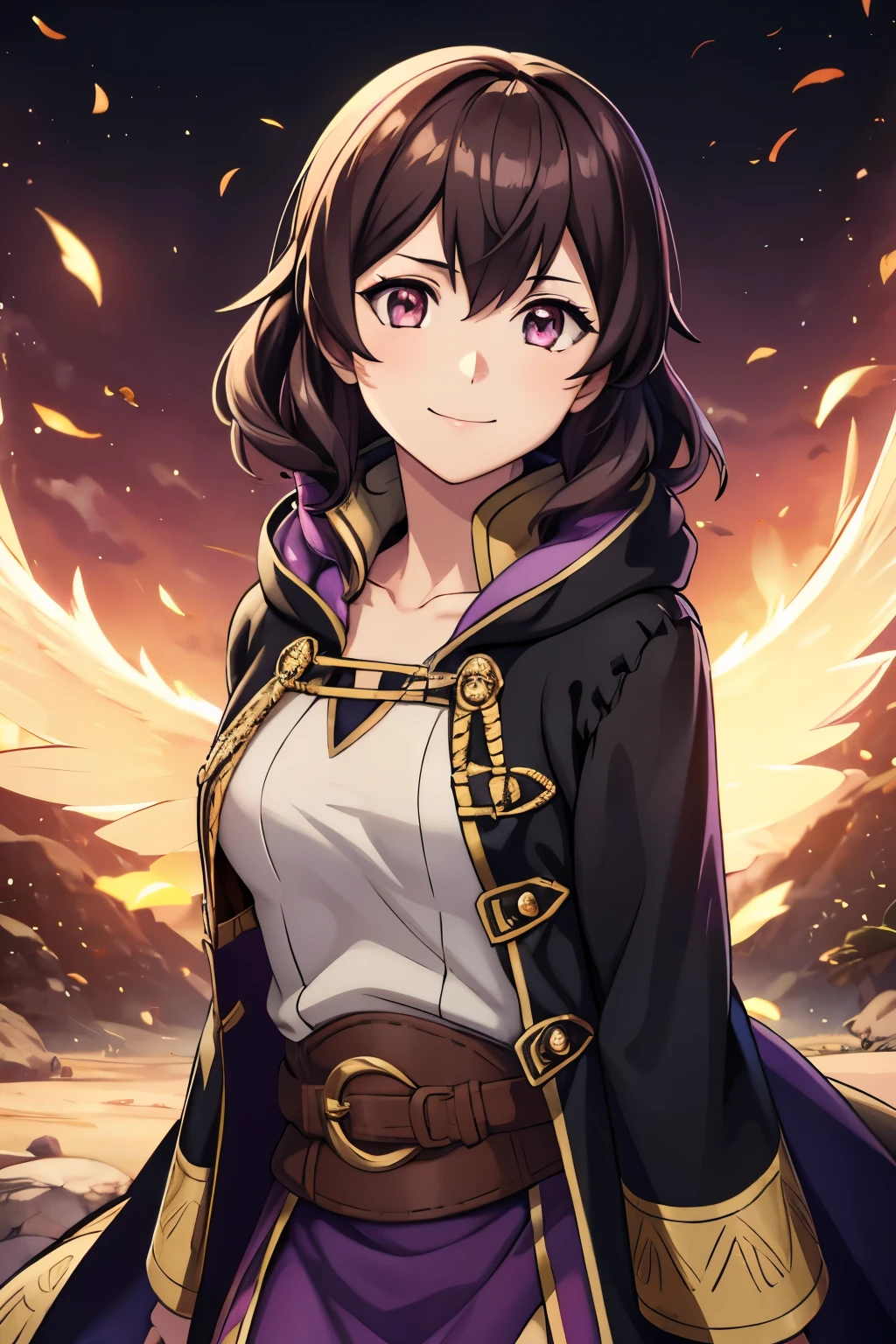 (high-quality, breathtaking),(expressive eyes, perfect face) 1girl, female, solo, portrait, Fire Emblem Awakening, Symmetrical Eyes, black background, Robin (Fire Emblem: Awakening), dark Brown hair color, short hair length, messy wavy hair, hair ornament, upper body, pink eyes, Black and purple robe, gold trim, hood, white shirt, brown belt, tomb, positive expression, cute smile, detailed eyes, adorable face, short height, Cult of Grima, Fell Dragon Grima, Arms down, female robin (fire emblem), dark brown hair, fireflies background, soft lights, braided bang, feather in hair
