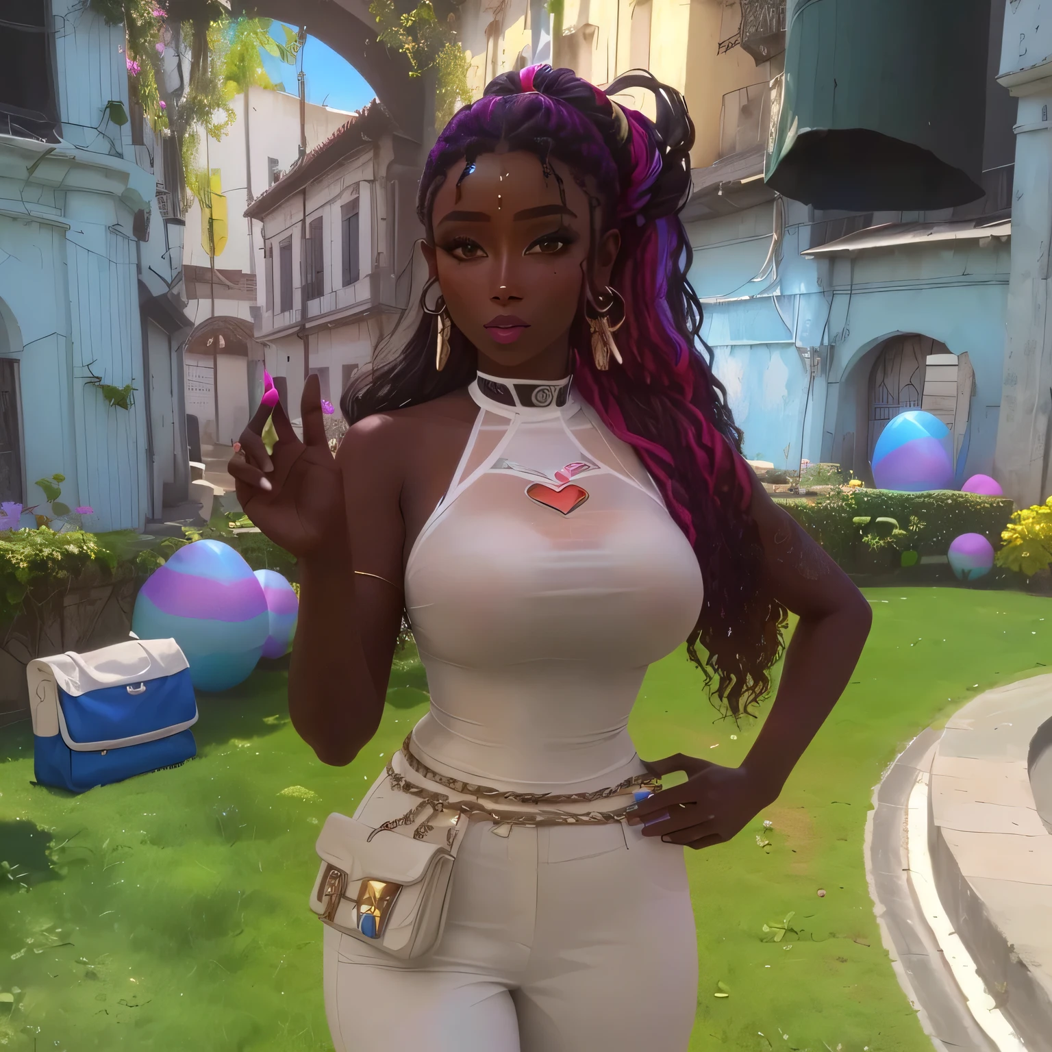 There is a woman standing in the yard with a bag, avatar da segunda vida, segurando uma pose de pudica, avatar da parte superior do corpo, ( ( pele escura ) ), segunda vida, captura de tela do jogo de moda, ela tem pele morena oliva, vrchat, fazendo uma pose elegante, padroeiro de 🛸🌈👩🏾, pele escura female goddess of love
