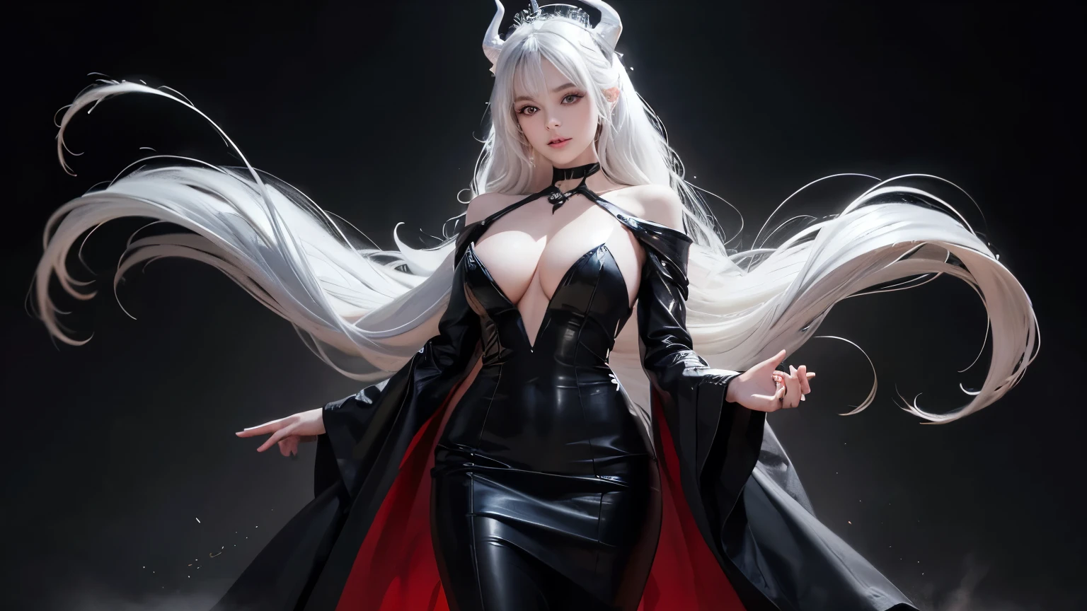 In a masterful display of artistic prowess, Lucifer from Helltaker emerges as the focal point of a hyper-realistic 8K human portrait. Clad in a formal suit featuring a striking red shirt, black pants, and a matching black necktie, she commands attention with her serene expression and captivating smile, her gaze fixed directly upon the viewer. The oval-shaped contours of her face, adorned with high cheekbones and a refined nose, exude an aura of elegance and sophistication. Her eyes, almond-shaped and bewitching, mesmerize with their striking red crimson irises, framed by gracefully arched eyebrows and thick, voluminous lashes that curl upwards. Luxuriant waves of light-white hair cascade around her, catching the light in subtle platinum highlights, while her smooth, porcelain-like skin radiates a subtle glow, suggesting vitality and allure, an elegant mix of botanical and geometric patterns that enhance her already captivating presence. Her attire, a black dress accentuated by a matching choker around her neck, serves to underscore her beauty and sophistication. Standing tall and confident, Lucifer possesses very large bosoms, fitting into an I-sized cup, which accentuate her figure and add to her allure. Rendered with meticulous attention to detail and realism, this portrait captures every nuance of Lucifer's appearance, from the delicate contours of her face to the subtle textures of her clothing and skin. Set against a deep matte black background, she stands as a timeless symbol of beauty and allure, her dynamic pose and perfect anatomy drawing the viewer into her world. This high-resolution masterpiece transcends mere artistry, offering a glimpse into the depths of Lucifer's character and personality. With its cinematic composition and meticulous attention to detail, it stands as a testament to the artist's skill and vision, a true masterpiece in every sense of the world. full body