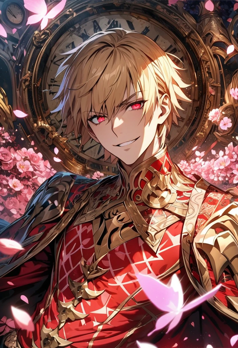 (absurdres, highres, ultra detailed, HDR), master piece, best quality, perfect face, ufotable style, beautiful eyes, expressive red eyes, Gilgamesh, blond short hair, Fate Grand Order, solo, sexy man, very handsome, smirk, red clothes, patterns, pink flowers, pink petals, pink butterflies, in wonderland, blossoms, clock