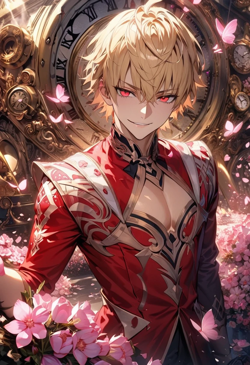 (absurdres, highres, ultra detailed, HDR), master piece, best quality, perfect face, ufotable style, beautiful eyes, expressive red eyes, Gilgamesh, blond short hair, Fate Grand Order, solo, sexy man, very handsome, smirk, red clothes, patterns, pink flowers, pink petals, pink butterflies, in wonderland, blossoms, clock