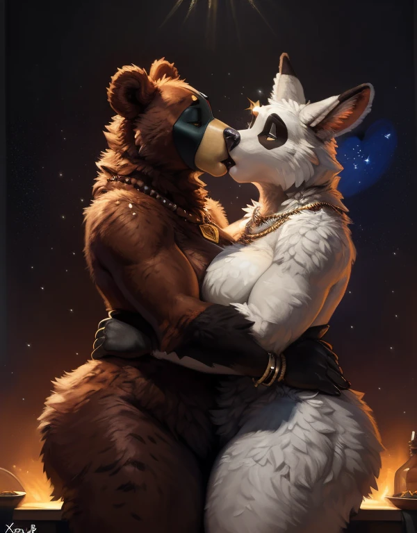 ((((fursuit)))), ((((fursuit head)))), ((((fursuiter)))), ((((fursuiting)))), (3d_artwork:1.5), (unreal engine:1.5) , inky, dark, dark fur, dark shadows, dark room, black room, black walls, indoors, (two women flatly pressed together:1.6), 🐰x🐇x🦝x🦌x🦙x🐂x🐿x🦜x🐦x🐤x🦘x🐮x🐻x🐼x🐈, ((absurd res)), ((ultra high resolution)), ((masterpiece quality)), (isometric view), (impressive lighting), (sunset clouds), (floating hearts), (((sparkles))), confetti, sunlight, ⫷|⫸ by foxovh, by sligarthetiger, by cumbread, by gammainks, ((by seibear)), by lollipopcon, by dizzyknight, by greasymojo, ((by xpray)), ((by roly)), by honovy, by taran fiddler, by kenket, by Pixelsketcher, by Bayard Wu, by Thomas Benjamin Kennington, by Einshelm, ⫷|⫸ jewelry, necklace, bracelet, ⫷|⫸ (fuzzy furry body:1.6), (tall body), ((beautiful fur pattern)), (raised tail), chubby, (stunningly beautiful legs), ((fuzzy pubes)), (detailed fuzzy face), hyperrealistic, (covered by fur:1.7), (naturally censored:1.9), (two big cuddly women kissing:1.5), (tight clothing),