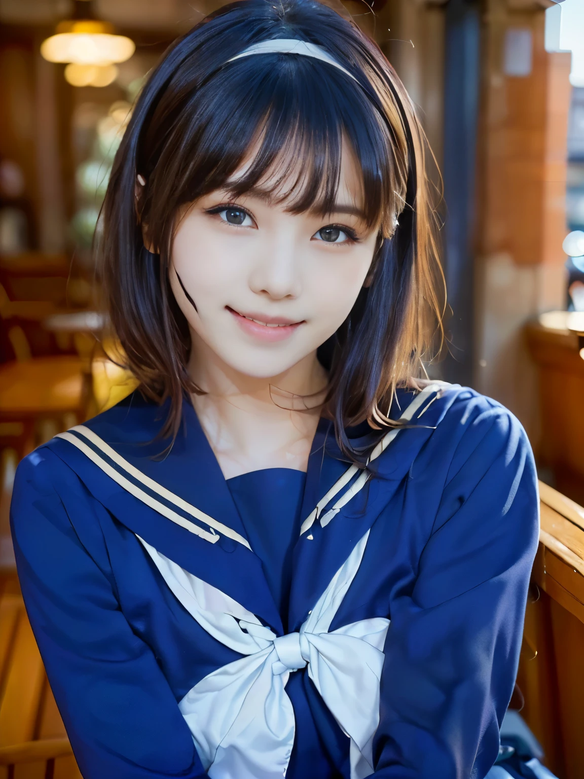 sailor uniform, One Woman, (Beautiful woman, delicate :1.3), Black Hair, Bobcut, bangs, (8k), (highest quality: 1.2), (Realistic), (Realistic: 1.37), (masterpiece), (Ultra-high resolution), (RAW Photos), (Absolute Resolution), (((face is small compared to body: 1.4))), (((Small face:１.4))), A balanced face, (Small Mouth: 1.4), ((Slim female body: 1.4)), Black Hair, (((All navy blue long sleeve セーラー服))), Realistic女子高生, (((White headband))), Small breasts, Slanted Eyes, Bright Blue Eyes, (Cafe on the open terrace), toothless smile, Blurred, Bust Shot, White on the collar of the sailor suit３Book lines, 