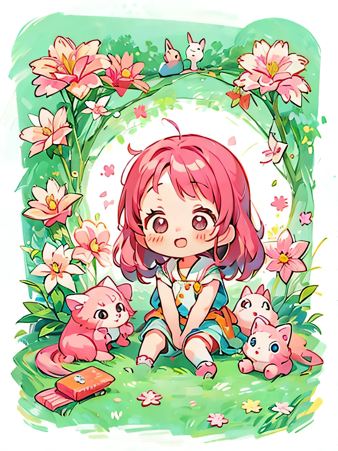 Momoko Sakura style, Kawaii Design, The most beautiful girl of all time、Chibi、Lots of friends、play together