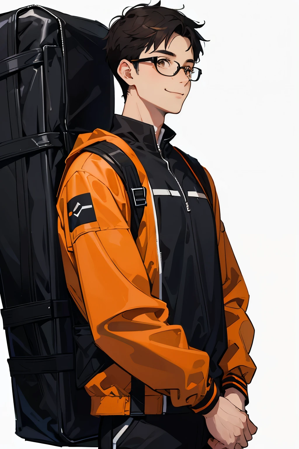 Masterpiece, Highest quality, Detailed,Nebula, 4k, 1 male, 22, backpacker, outdoor wear, thick black rimmed square glasses, calm, kind, naive young man, dark hair, smiling, (((white background))), orange and black clothing