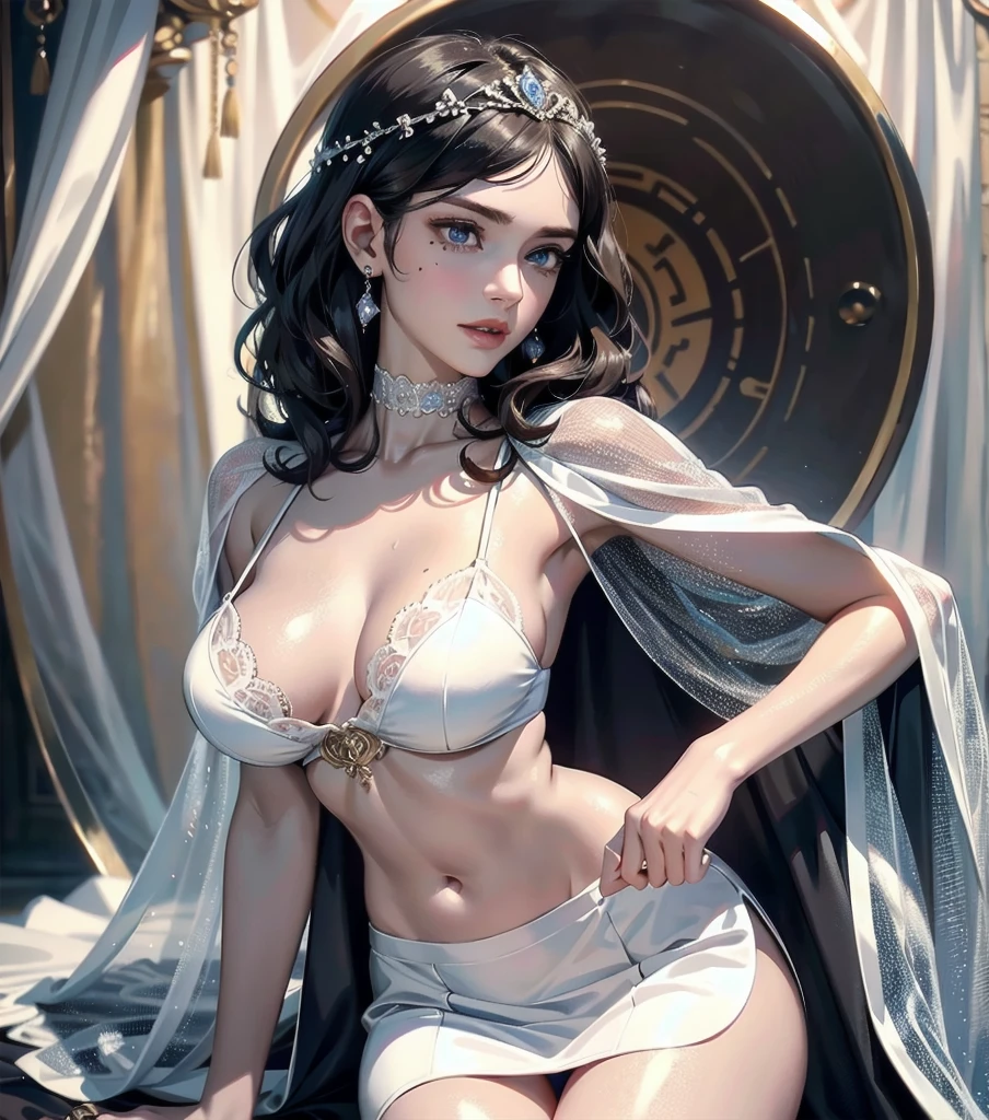 absurdres, RAW photo, extremely delicate and beautiful, masterpiece, Best Quality, ultra high resolution, 32k, hyperrealistic, ultra-detailed, perfect anatomy, anatomically correct, perfect figure, super Detailed skin, pale skin, 20 years old, very Slim body, narrow waist, very small head, very small face, delicate facial features, detailed face, detailed eyes, tearful mole, earring, thin legs, bare legs, ((very huge round breasts)), short medium hair, ((wavy hair)), wet clothes, full body shot, alone, fortune teller clothes, in gipsy tent, skirt, face veil, robe, cloak, midriff,
