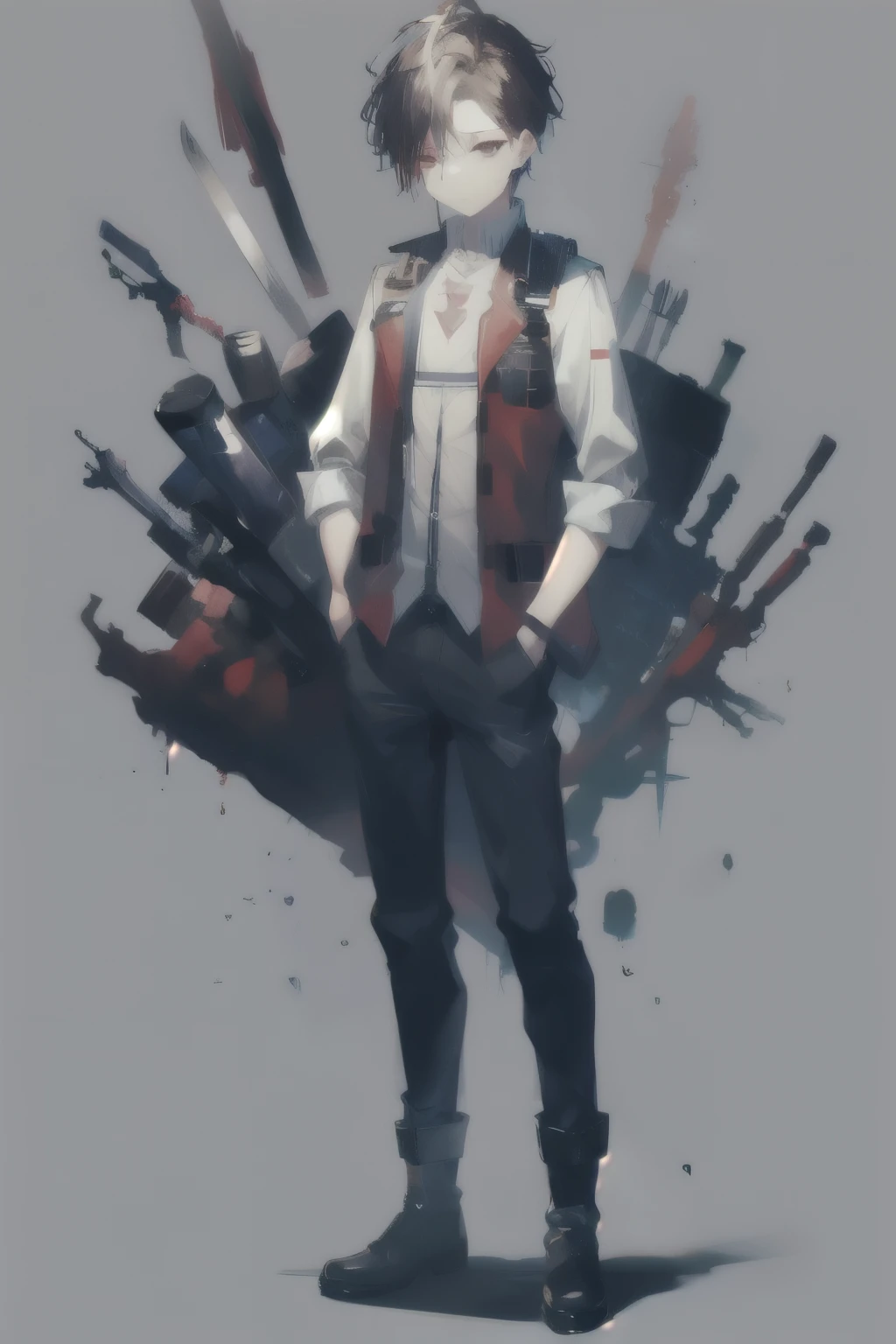 Gender: Boy
Hairstyle: Short
Hair Color: Red
Main Color of Clothing: Black
Design of Clothing: Casual yet functional, with a vest filled with various tools and gadgets, pants with multiple pockets, and durable boots. raincoat
