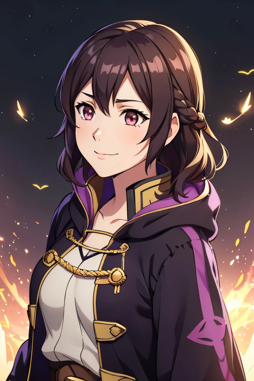 (high-quality, breathtaking),(expressive eyes, perfect face) 1girl, female, solo, portrait, Fire Emblem Awakening, Symmetrical Eyes, open field background, Robin (Fire Emblem: Awakening), dark Brown hair color, short hair length, messy wavy hair, hair ornament, upper body, pink eyes, Black and purple robe, gold trim, hood, white shirt, brown belt, tomb, positive expression, cute smile, detailed eyes, adorable face, short height, Cult of Grima, Fell Dragon Grima, Arms down, female robin (fire emblem), dark brown hair, fireflies background, soft lights, braided bang, soft breeze
