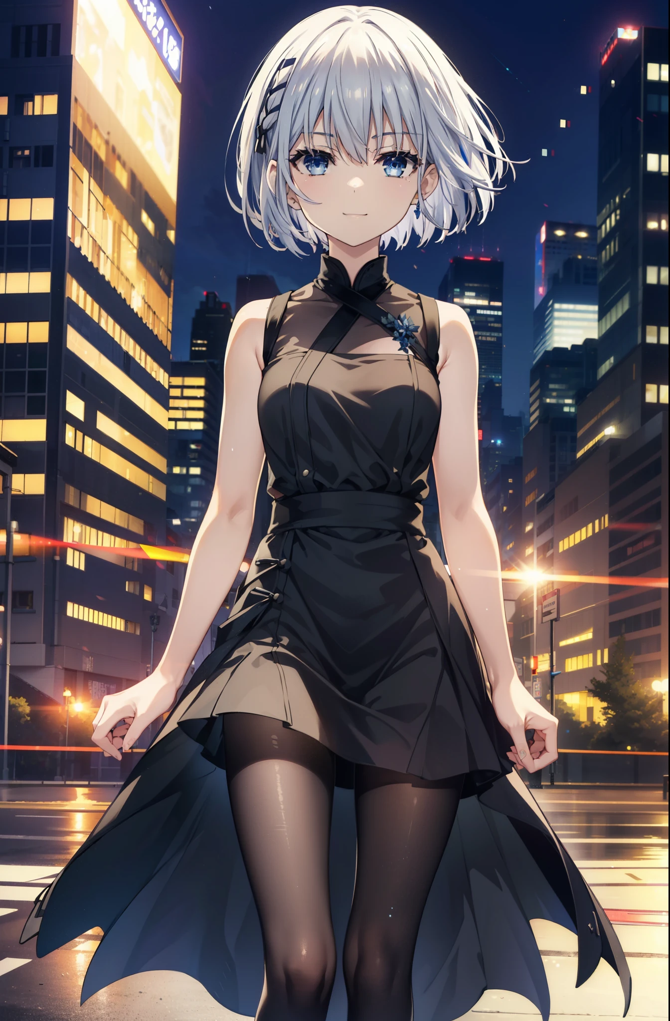 origamitobiichi, Origami Tobiichi Casual, short hair, blue eyes, hair ornaments, Gray Hair, Sleeveless dress,Long skirt,Black pantyhose,Stiletto heels,happy smile, smile, Open your mouth,True Summer,Daytime,Clear skies,Light of the sun,So that the whole body goes into the illustration,
break ,
break outdoors, In town,Building district, crowd, people々,
break looking at viewer, 全身
break (masterpiece:1.2), highest quality, High resolution, unity 8k wallpaper, (figure:0.8), (Beautiful fine details:1.6), Highly detailed face, Perfect lighting, Highly detailed CG, (Perfect hands, Perfect Anatomy),