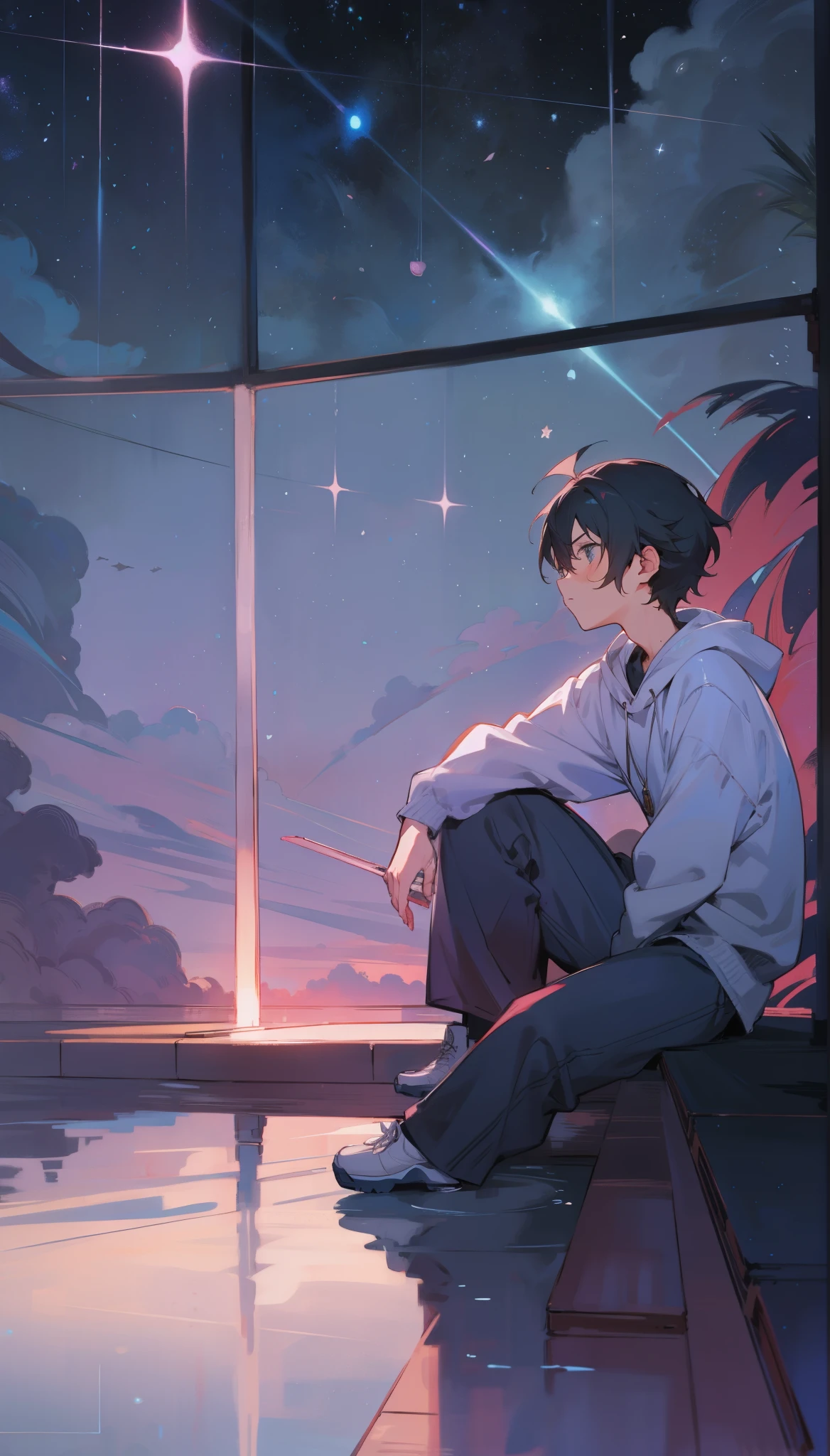 A movie scene featuring an illustrated soft boy character, wearing a cozy outfit, sitting beside a pool of stars amidst a vibrant nebula backdrop, lost in thought. Whimsical, dreamlike, cozy atmosphere, twinkling stars. abasterpiece)), ((best quality)), ultra detailed,((illustration)), dynamic angle, detailed light, (delicate eyes), (ahoge:0.8),apathy, ray，frontage，style of anime4 k， 4k anime wallpaper， badass anime 8 k， 4 k comic wallpaper