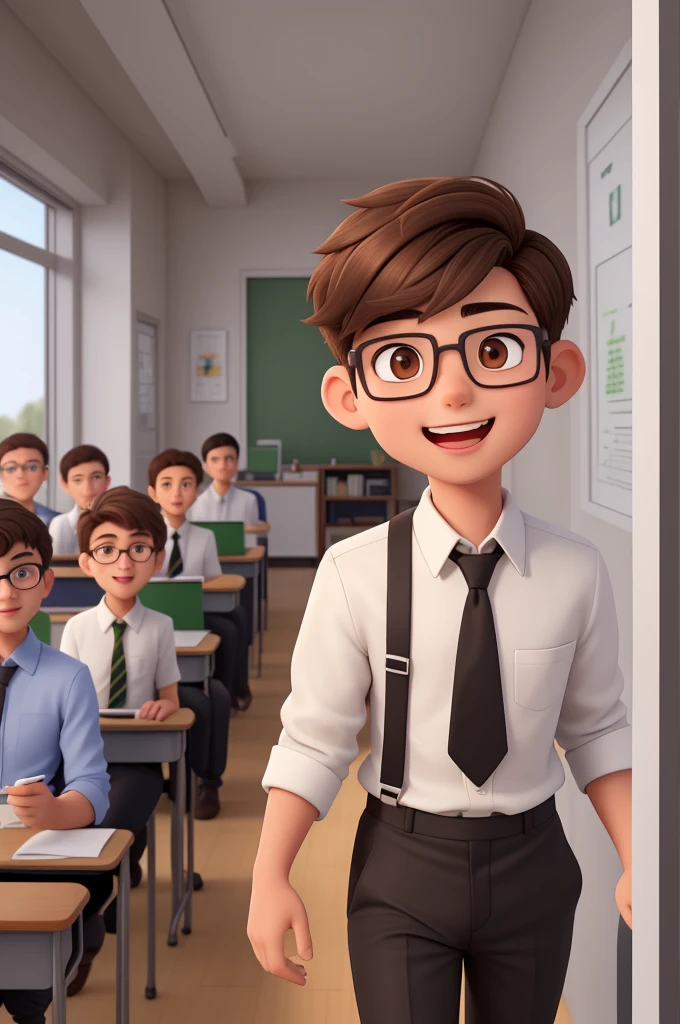 A boy of 20 years old, with short brown hair, diamond face, bright look, mouth open, jaw open,and brown eyes, wearing white white shirt with necktie and glasses, wearing black skinny pants, fullbody shot, happily surprised face (looking to the classroom from outside room), open a classroom door, front view,