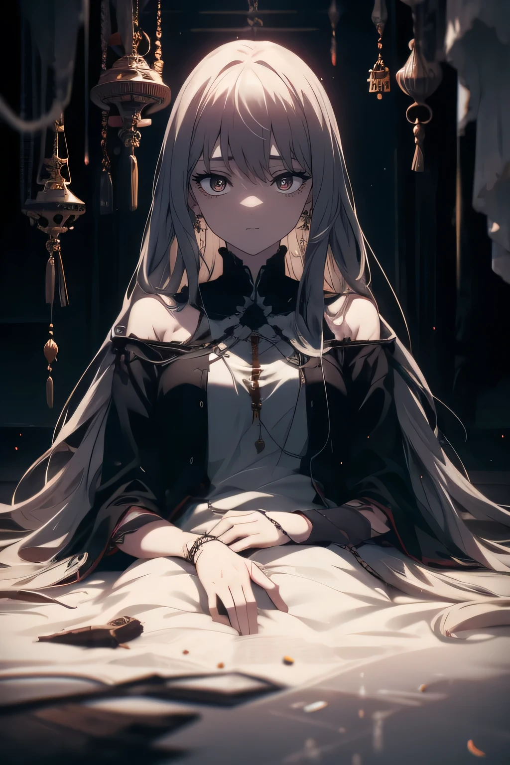 1 woman with horribly long hair. Her hair is so long it stretches over the room. She is wearing ripped clothing. She is empty inside. Her eyes are dull. Her hair is a faded silver color. She is shackled to the ceiling. Her long hair droops down over the room. ((Best quality)) ((beautiful)) ((highdef)) Depressed. Hopeless. Inside an ancient temple. Chained. Dried tears. Hanging dolls.