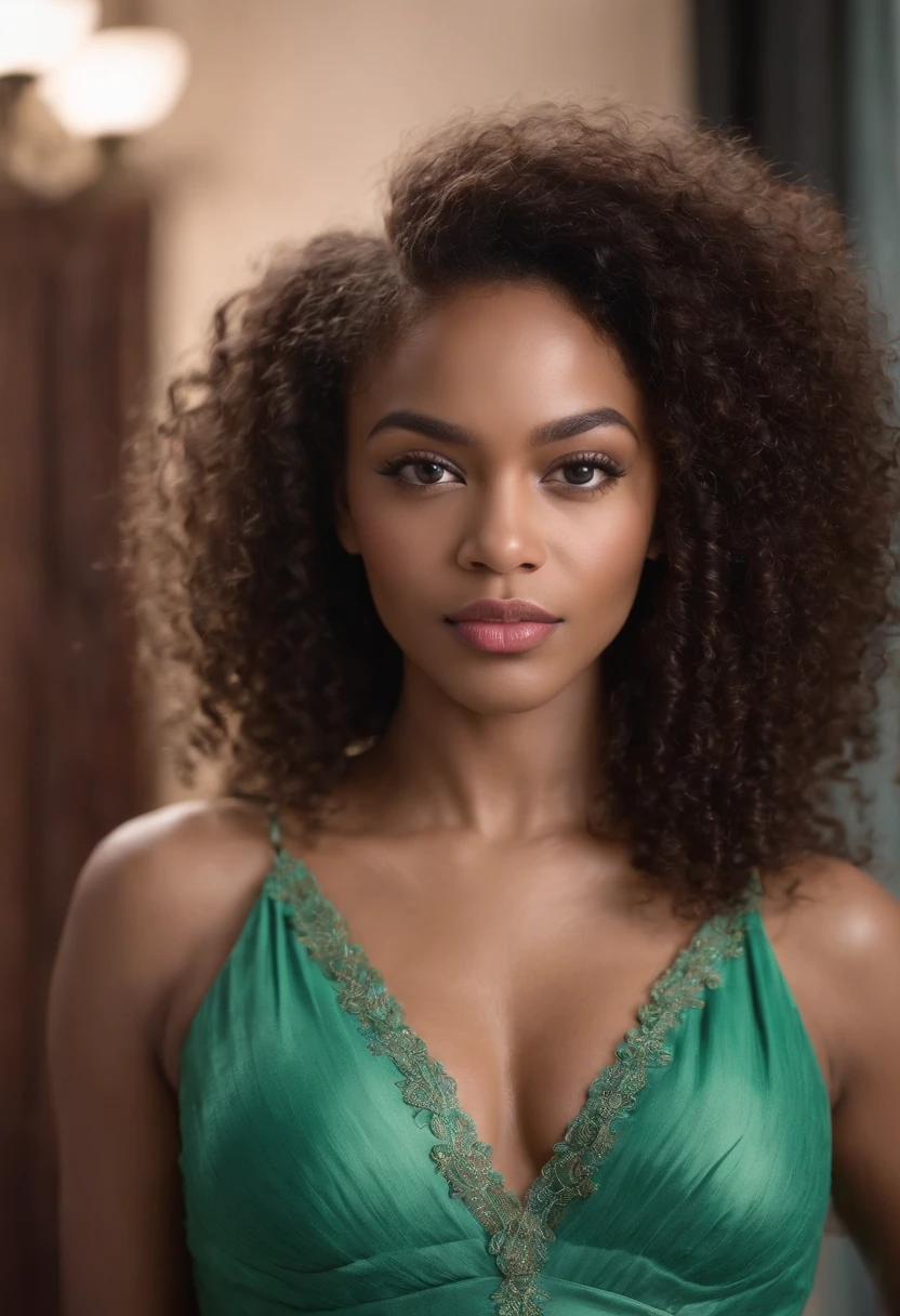real black woman with curly afro hair and with beautiful green eyes , pink lips, teint claire,elle sourit , Elle a 30 ans, she weighs 160 kilos and measures 1m72, elle porte une belle robe rouge courte de nuit, grosses fesses ,debout dans un salon