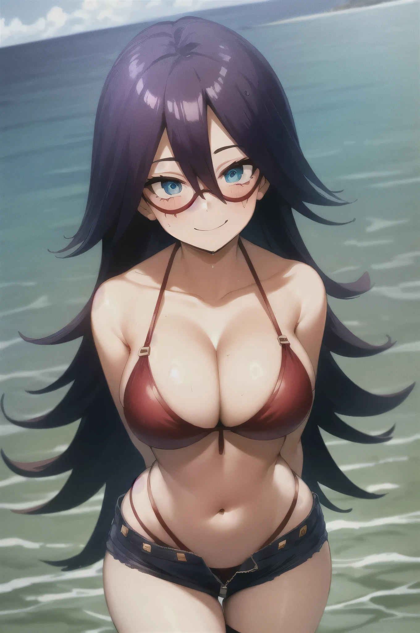 scan, (extremely detailed CG unity 8k wallpaper:1.1), masterpiece, highres, bedroom, 1girl, midnightmha, boku no hero academia, solo, purple hair, very long hair, blue eyes, domino mask, close up, looking at viewer, breasts, bare shoulders, ocean scenery, beach, mini shorts, low waist shorts, unzipped shorts, panty line showing, red bikini top, bikini top, bikini, bare shoulders, slim stomach, cleavage, wet, flirty smile, blushing (big tits) big breasts, standing in water, cute smile, looking at viewer, full frame, body in frame