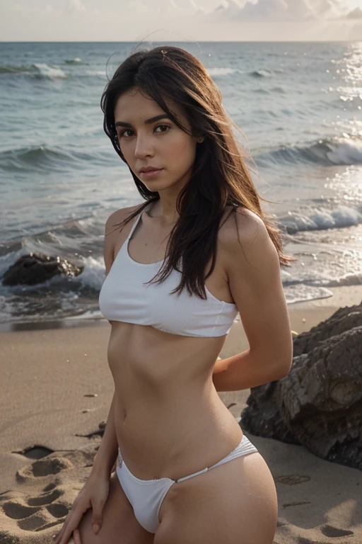 Generate a realistic photo for an Instagram profile for a person with the following characteristics Gender: Mujer.
Edad: 23 years.
Color de piel: piel clara.
Forma de la cara: forma de cara ovalada.
Ojos: Ojos almendrados expresivos.
Color de ojos: dark brown.
Nariz: small straight nose.
Boca: Labios llenos.
Facial expression: sensual.
Color de cabello: Dark brown hair.
Estilo de cabello: cabello largo y ondulado.
Actitud: confiada.
Estilo: casual.
Face position: facing the camera.
Tipo de cuerpo: athletic and slim.
Ropa: Casual.
Altura: media.
Postura: de pie.
Fondo: un fondo de playa.
lightning: lightning realista, como la luz del sol durante el atardecer.
Camera details: DSLR Sony Alpha 77.
Photo angle: Vista frontal.
Tipo de plano: Plano general(mostrar todo el cuerpo).