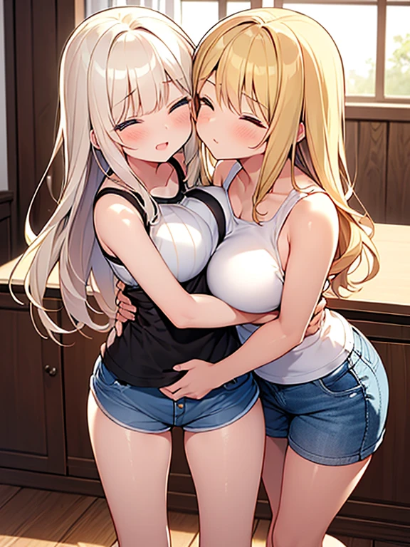 Tabletop, highest quality,figure, wallpaper, Super detailed, Absurd beauty、((Two beautiful girls、))、(Blonde、Medium Hair、Wavy Hair、Very large breasts、Beautiful legs)、((hug、A deep kiss))、Close your eyes、Casual clothing、Summer clothes、Tank top、Shorts、blush、Shyness、living room、Negative
