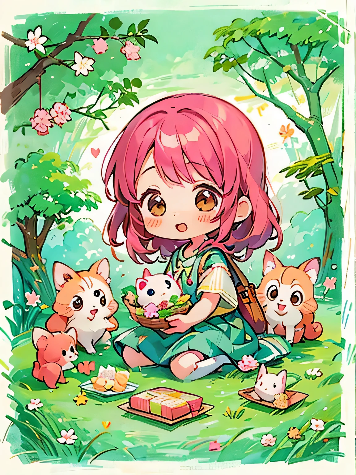 Momoko Sakura style, Kawaii Design, The most beautiful girl of all time、Chibi、Lots of friends、Picnic together、funny