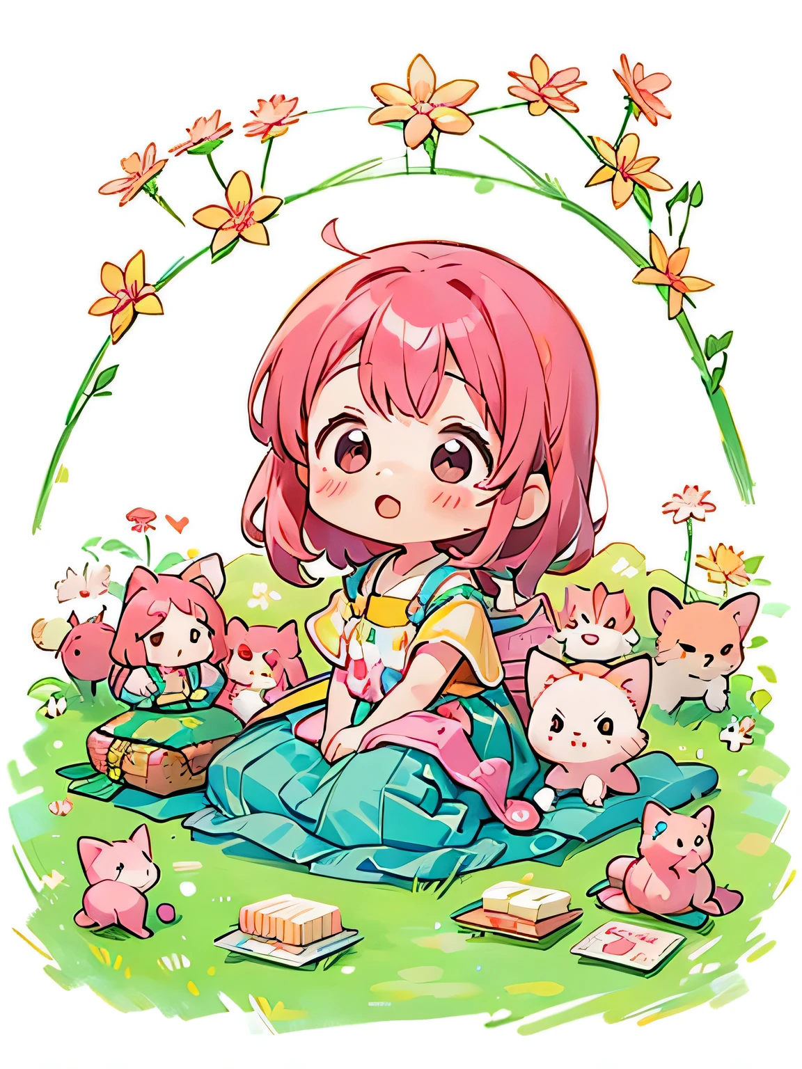 Momoko Sakura style, Kawaii Design, The most beautiful girl of all time、Chibi、Lots of friends、Picnic together、funny