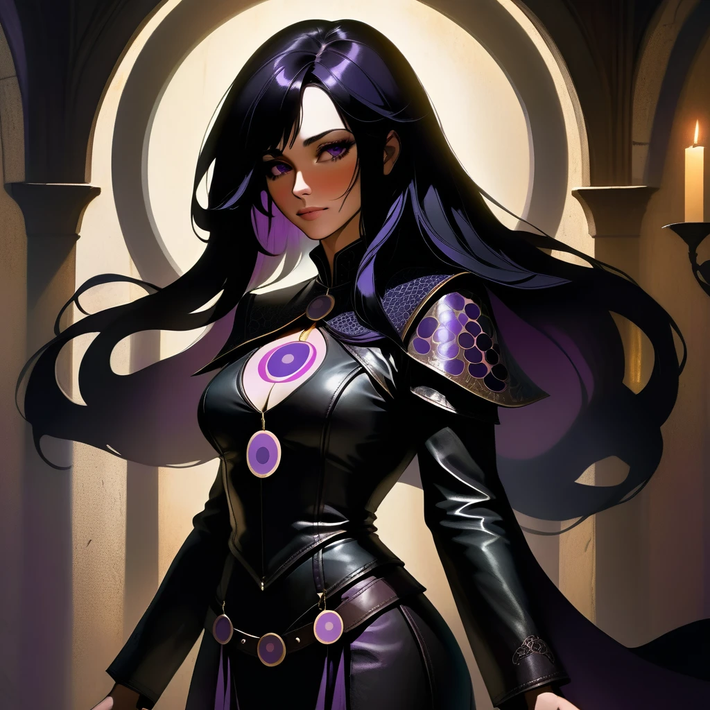 A jovial, muscular adult woman, wearing black leather clothing with purple circles on the outfit. She has long black hair styled. Her gaze is somber, with an air of mystery. She is enveloped in shadows as if she were lurking a pray. Medieval style. She is in a dinamic pose, with dark shadows all around.