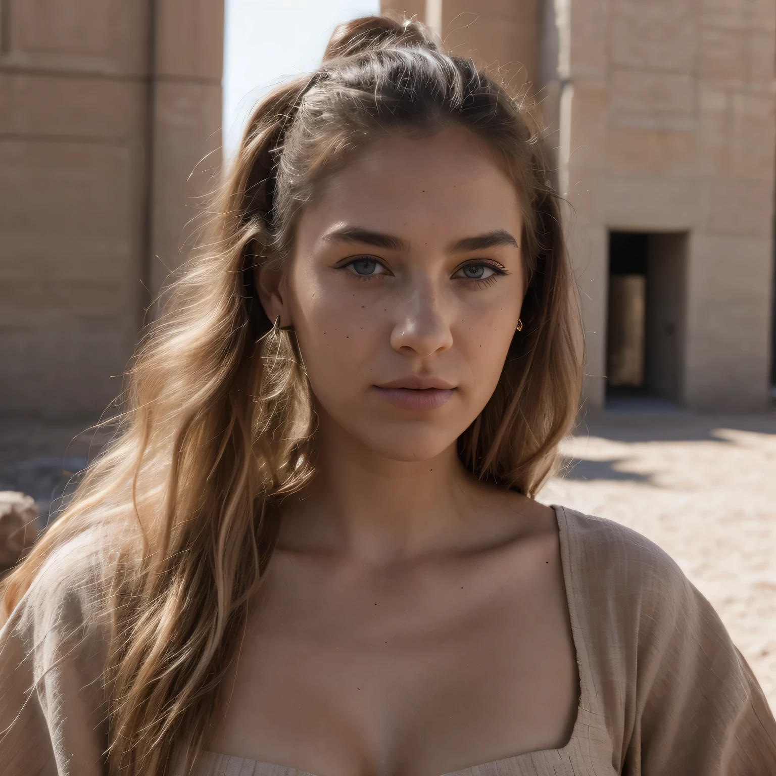 photo of a college student, in Desert Color Coarse Linen Pink,Desert Color Coarse Linen, (freckles:0.8) cute face, sci-fi, dystopian, detailed eyes, Heterochromia eyes((Side view))(Lunar soil)((a beautiful fantasy empress))