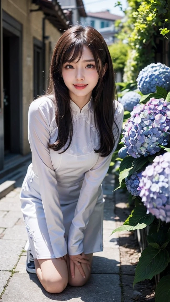 Top-quality Realistic,Official art,Highly detailed CG Unity 8k wallpaper,ultra-detailliert,hight resolution,Physically-based rendering,Magnificat,finely detail,masterpiece,Best Quality,ultra detailed,Mature beauty,Beautiful women,1girl,moist lips,sexy lips,Sexy smile,Gentle smile, 20 years old, Beautiful bare skin,Smooth bare skin, big well-shaped breasts, beautiful cleavage,beautiful Mature body,swept bangs,(Medium hair:1.3), beautiful detailed eyes,model shoot style,Japanese Idol,Full-body,((Hydrangea blooming on the slope behind the alley )),BREAK, ((Ao dai:1.3)),(vietnamese national costume),Sitting model pose,Delicately expressed eyes,cute smile,shoot from below,(sitting on a chair on the cafe terrace), (Cafe terrace surrounded by lots of hydrangeas),A lot of hydrangea are blooming,model pose,(leaning forward:1.3), (hands on knees:1.3),((Extreme close-up)),