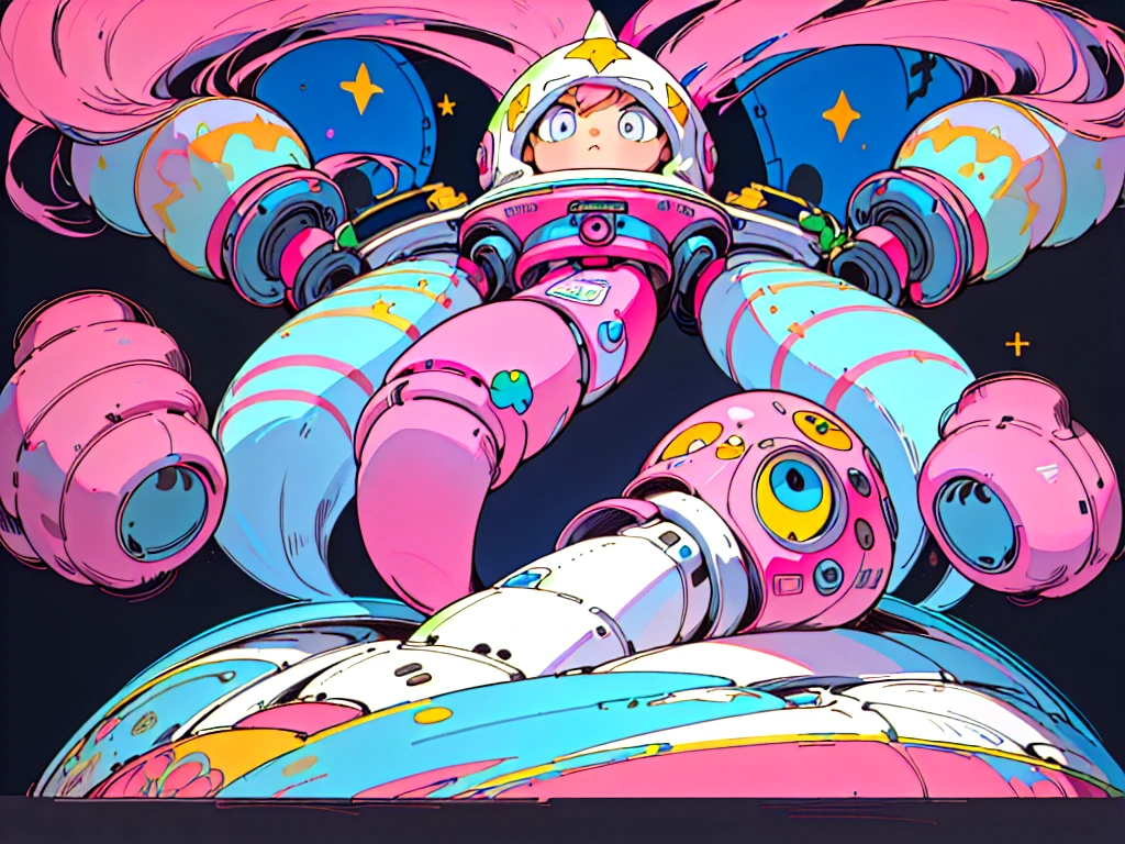 ((masterpiece)), (((best quality))), (Character Design Sheet, The same character all over, front, side, retreat), illustration, 1 girl, Pink long hair, Eye, environmental change, City Attitude, woman, Colorfully decorated space suit, Star, Chatunbetalola, (simple retreatground, white retreatground: 1.3) ,--6
