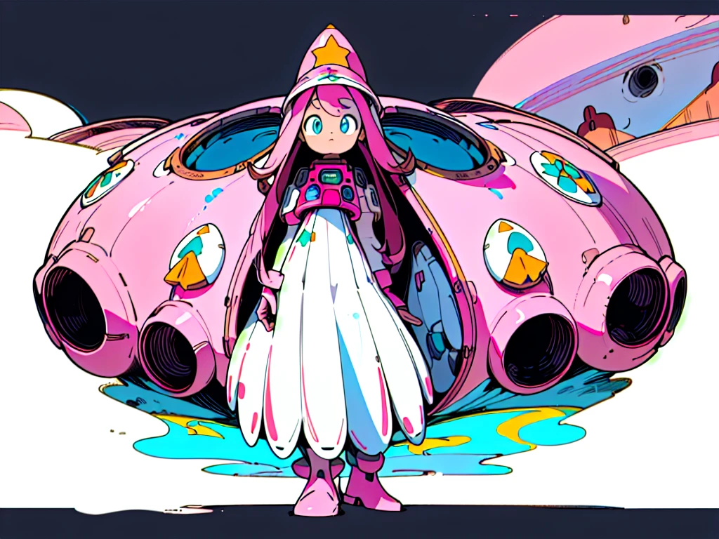 ((masterpiece)), (((best quality))), (Character Design Sheet, The same character all over, front, side, retreat), illustration, 1 girl, Pink long hair, Eye, environmental change, City Attitude, woman, Colorfully decorated space suit, Star, Chatunbetalola, (simple retreatground, white retreatground: 1.3) ,--6