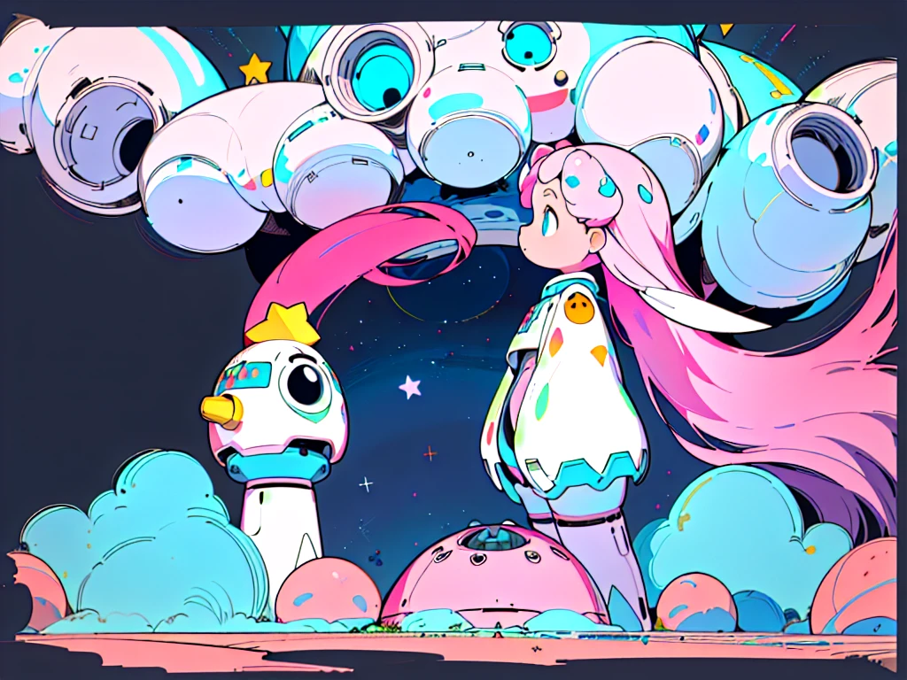 ((masterpiece)), (((best quality))), (Character Design Sheet, The same character all over, front, side, retreat), illustration, 1 girl, Pink long hair, Eye, environmental change, City Attitude, woman, Colorfully decorated space suit, Star, Chatunbetalola, (simple retreatground, white retreatground: 1.3) ,--6