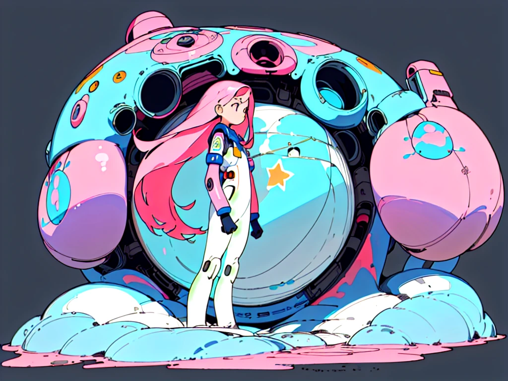 ((masterpiece)), (((best quality))), (Character Design Sheet, The same character all over, front, side, retreat), illustration, 1 girl, Pink long hair, Eye, environmental change, City Attitude, woman, Colorfully decorated space suit, Star, Chatunbetalola, (simple retreatground, white retreatground: 1.3) ,--6