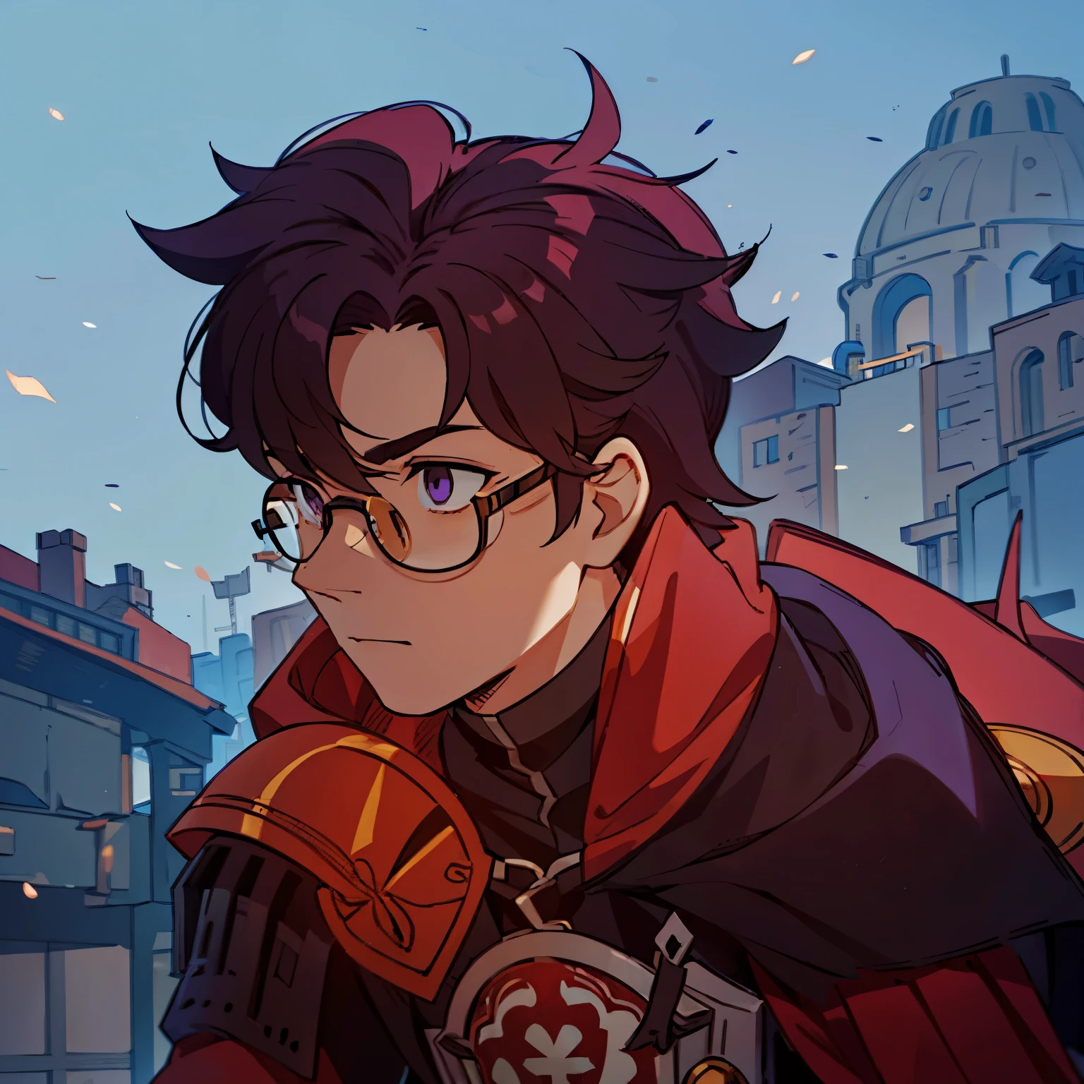 Large medieval kingdom in the background, old mature male, black hair, mullet hair, tall male, purple eyes, bright eyes, brilliant eyes, 32 years old, glasses, fat, chubby, medieval armor, light armor, (((red armor:1.0))), Mystical armor, Golden details on the armor, elsword style armor, Neutral face, high resolution:1.2, best quality, masterpiece, daylight, Reflection of lens