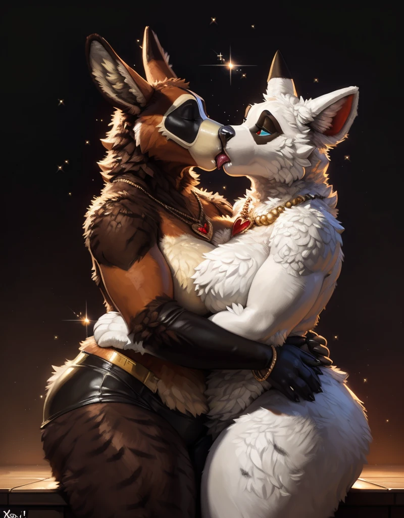 ((((fursuit)))), ((((fursuit head)))), ((((fursuiter)))), ((((fursuiting)))), (3d_artwork:1.5), (unreal engine:1.5) , inky, dark, dark fur, dark shadows, dark room, black room, black walls, indoors, (two women flatly pressed together:1.6), 🐰x🐇x🦝x🦌x🦙x🐂x🐿x🦜x🐦x🐤x🦘x🐮x🐻x🐼x🐈, ((absurd res)), ((ultra high resolution)), ((masterpiece quality)), (isometric view), (impressive lighting), (sunset clouds), (floating hearts), (((sparkles))), confetti, sunlight, ⫷|⫸ by foxovh, by sligarthetiger, by cumbread, by gammainks, ((by seibear)), by lollipopcon, by dizzyknight, by greasymojo, ((by xpray)), ((by roly)), by honovy, by taran fiddler, by kenket, by Pixelsketcher, by Bayard Wu, by Thomas Benjamin Kennington, by Einshelm, ⫷|⫸ jewelry, necklace, bracelet, ⫷|⫸ (fuzzy furry body:1.6), (tall body), ((beautiful fur pattern)), (raised tail), chubby, (stunningly beautiful legs), ((fuzzy pubes)), (detailed fuzzy face), hyperrealistic, (covered by fur:1.7), (naturally censored:1.9), (two big cuddly women kissing:1.5), (tight clothing),