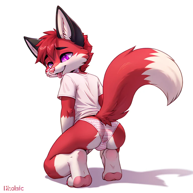 Anthropomorphic male crimson fox with pink nose, black ears, horns and purple eyes, two tails, fullbody view, solo, on knees, white background, digital art, lifting his shirt, femenine look, seen from back, wearing a pink t-shirt and long pink socks with white stripes and tiny pink panties, with legs rised up, sfw version, half eyes closed, erection under clothes, tongue out, touching his ass, leaking panties