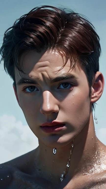 portrait of Chris Evans, wet body and face, advertise concept, confident, vogue magazine cover concept