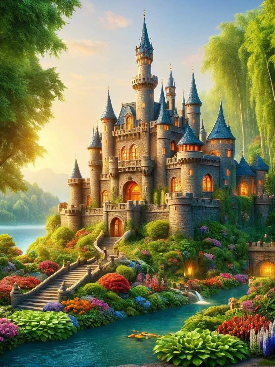 Imagine a serene and magical fantasy world. In the heart of this vibrant, enchanted setting stands a majestic castle. It sits in the middle of an expansive lake, surrounded by an array of diverse aquatic plants. Many flowers of different types and radiant colors punctuate the lovely landscape, adding to its charm. Multiple waterfalls spring from nearby cliffs, their water glistening under the dawn light as they feed the lake. The sun is just beginning to peek over the horizon, casting beautiful, warm hues onto the castle and the surrounding nature with its first light of the day.