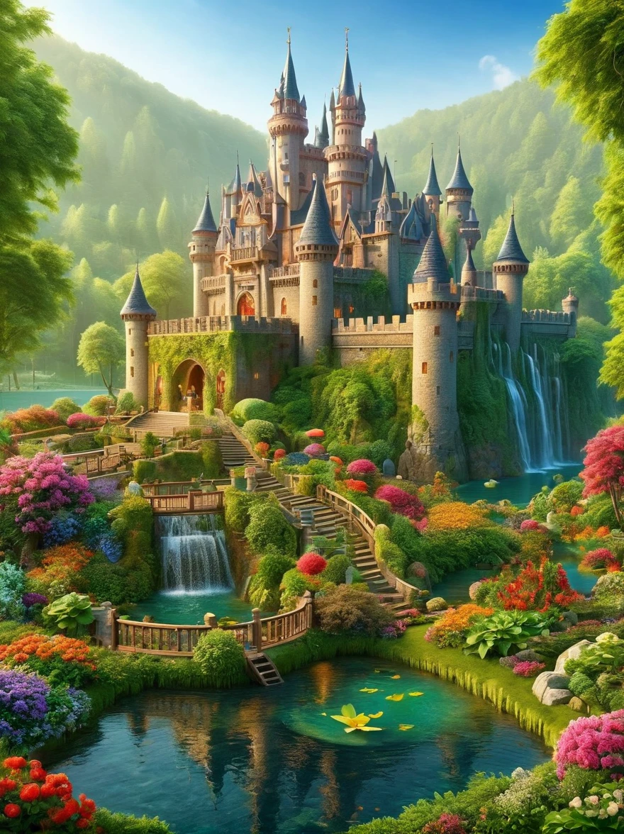 Imagine a serene and magical fantasy world. In the heart of this vibrant, enchanted setting stands a majestic castle. It sits in the middle of an expansive lake, surrounded by an array of diverse aquatic plants. Many flowers of different types and radiant colors punctuate the lovely landscape, adding to its charm. Multiple waterfalls spring from nearby cliffs, their water glistening under the dawn light as they feed the lake. The sun is just beginning to peek over the horizon, casting beautiful, warm hues onto the castle and the surrounding nature with its first light of the day.
