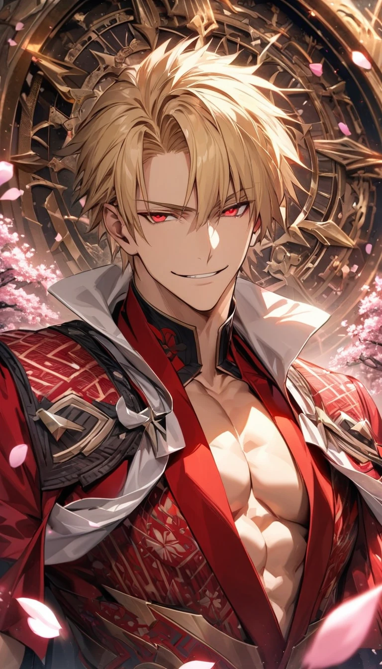 (absurdres, highres, ultra detailed, HDR), master piece, best quality, perfect face, beautiful eyes, expressive red eyes, Gilgamesh, blond hair, short hair, with bangs, Fate Grand Order, solo, sexy man, very handsome, smirk, mature face, toned chest, red clothes, patterns, pink flowers, pink petals, pink butterflies, blossoms, clock