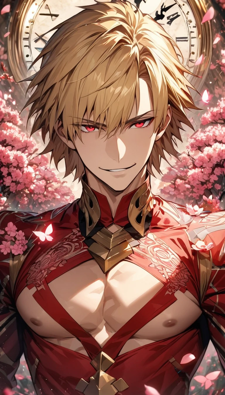 (absurdres, highres, ultra detailed, HDR), master piece, best quality, perfect face, beautiful eyes, expressive red eyes, Gilgamesh, blond hair, short hair, with bangs, Fate Grand Order, solo, sexy man, very handsome, smirk, mature face, toned chest, red clothes, patterns, pink flowers, pink petals, pink butterflies, blossoms, clock
