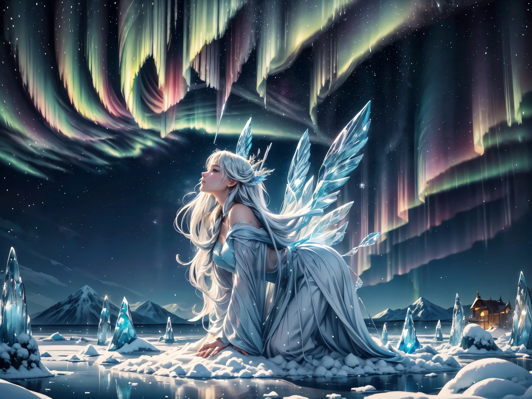(best quality,4k,8k,highres,masterpiece:1.2),a dreamy castle,a frozen world,living creatures in the heavenly realm,ethereal creatures made of ice,sparkling ice sculptures,icy landscape with towering mountains and frozen lakes,magical light illuminating the scene,glowing crystals hanging from the ceiling,translucent wings that shimmer in the sunlight,delicate snowflakes floating in the air,cotton candy clouds in pastel colors,serene and peaceful atmosphere,faint sound of music echoing in the distance,frozen flowers in full bloom,playful snow sprites dancing in the snow-covered meadows,gentle snowfall adding a touch of magic to the scene,mysterious portal leading to other realms,whispers of enchantments and secrets whispered in the wind,luminous auroras painting the sky with vibrant colors,peaceful yet powerful energy radiating from the surroundings,mystical beings with glowing eyes observing from a distance,ancient ruins covered in ice and snow,nostalgic sense of beauty and wonder,icy sculptures depicting mythical creatures and legendary tales,celestial beings with wings made of ice and frost,frozen waterfalls cascading down the mountains, ethereal mist enveloping the landscape, a sense of serenity and tranquility, a magical kingdom beyond imagination.
