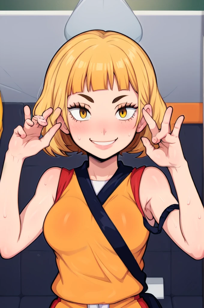 masterpiece, best quality, shimizu kiyoko looking at viewer, yellow hair, yellow eyes color, very large breasts, upper body, portrait, looking at viewer, seductive smile,both hands raised, armpits, armpits visible, sweaty armpits, wearing orange volleyball uniform,