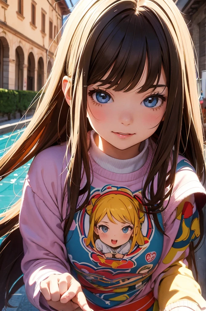 (masterpiece, best quality:1.1),
(popart style),flat color,(2girls),cute face,tween,enjoy trip,(bolognese),Italy, beautiful detailed scenery, beautiful lighting,very happy,dynamic pose,photographic portrait, sharp,Illustration by okama,