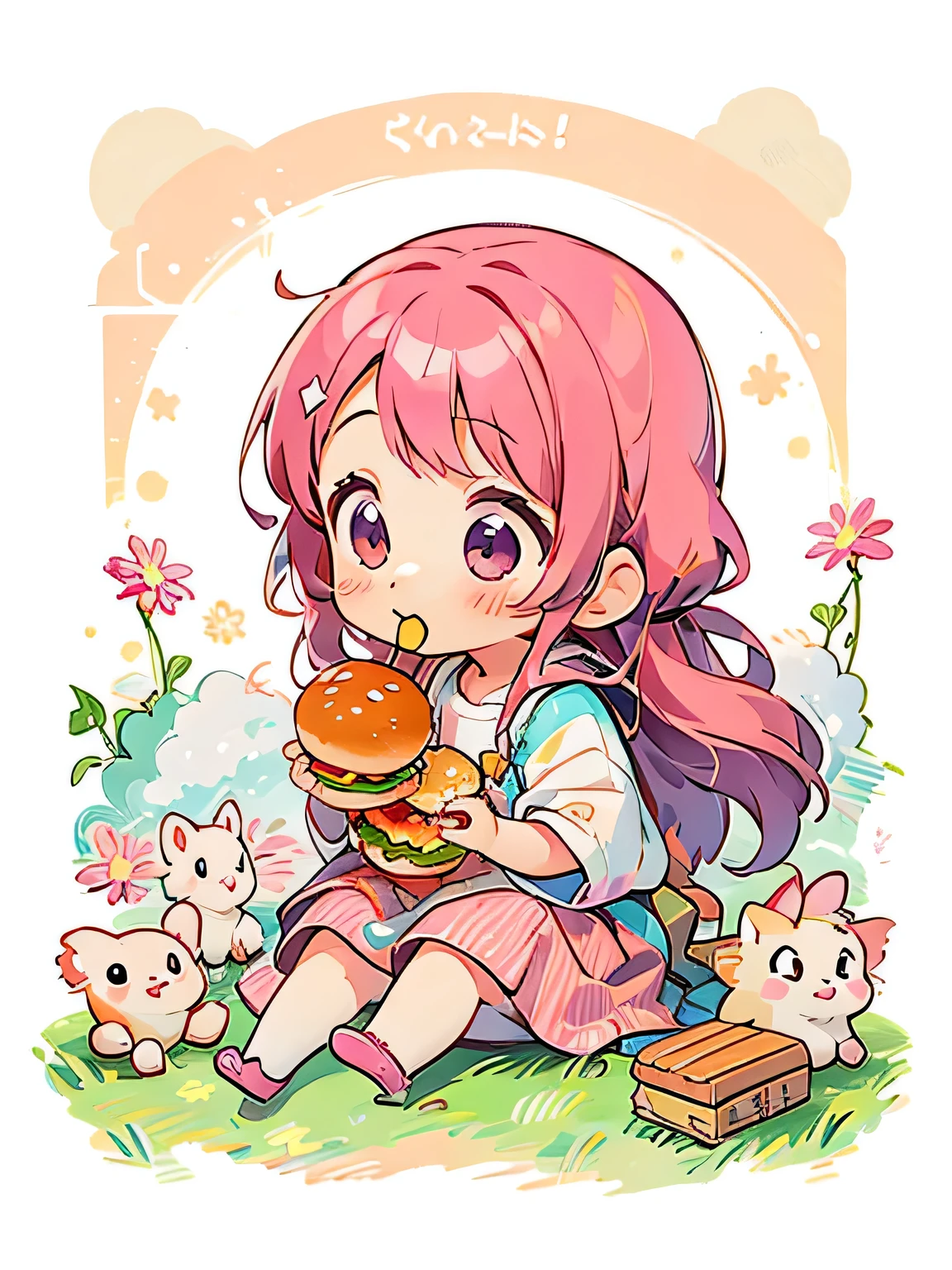 Momoko Sakura style, Kawaii Design, The most beautiful girl of all time、Chibi、Eating a hamburger