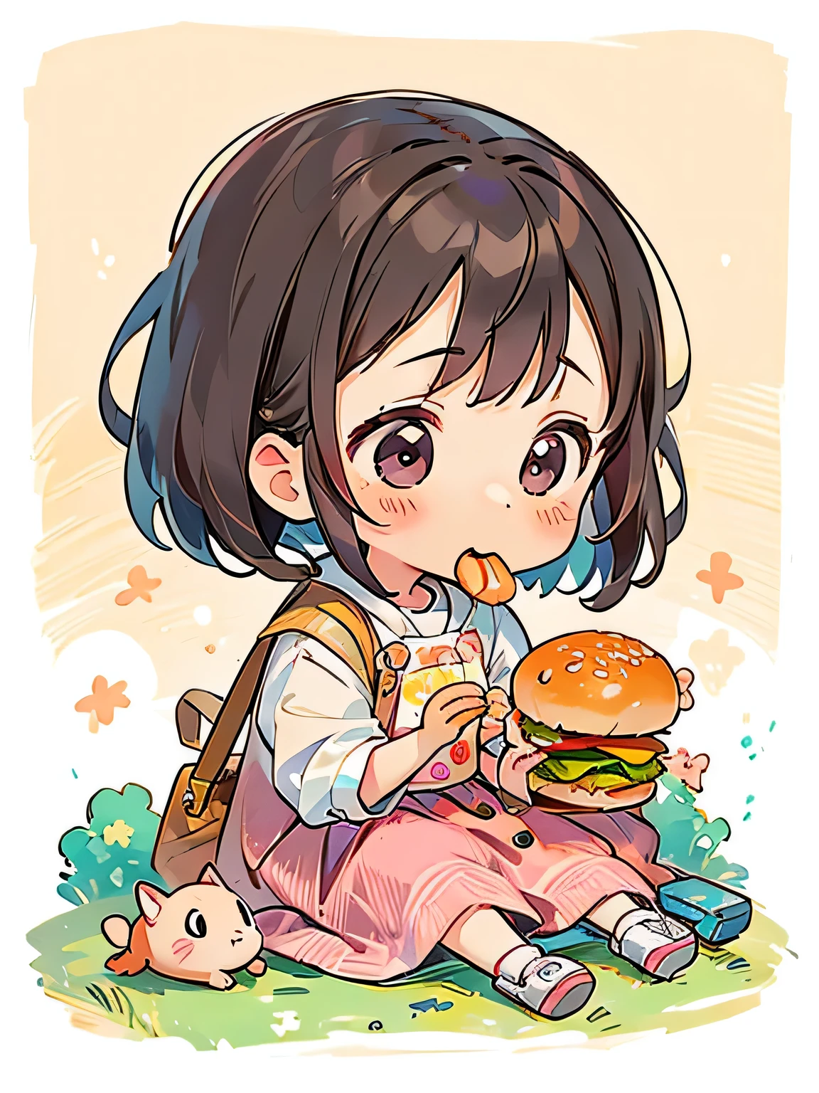 Momoko Sakura style, Kawaii Design, The most beautiful girl of all time、Chibi、Eating a hamburger