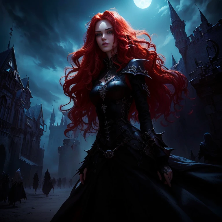 Close-up of a woman with long red hair standing in front of a castle, dark Fantasy style art, gothic fantasy art, Dark Fantasy Art, in style of Dark Fantasy Art, Dark Fantasy Artwork, Fantasy Dark Art, dark fantasy illustration, Dark Fantasy Style, Stylized urban fantasy art, Fantasy style art, epic Fantasy style art, Dark Fantasy Character Design