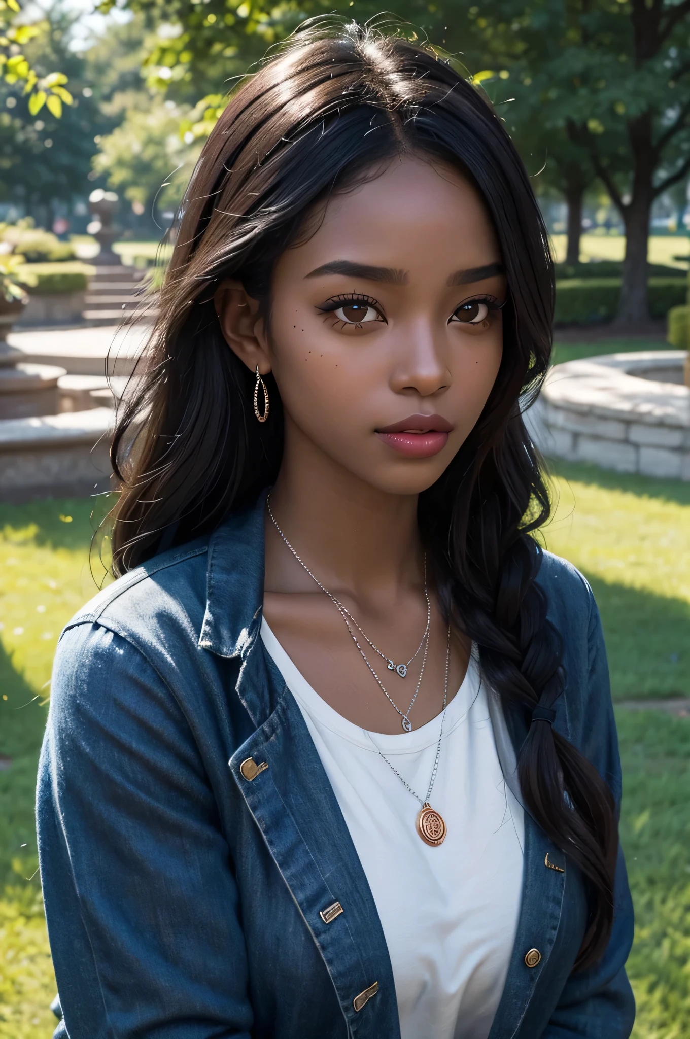 A black woman with dark skin is the main subject of the portrait. Her hair is styled in elaborate copper braided hair, shining beautifully. Her smooth skin is flawlessly highlighted, and she has a mole on her cheek that adds a touch of charm. She has luscious, juicy red lips that stand out. Her makeup gives her a stunning baddie look, enhancing her natural beauty. She is dressed in a stylish street outfit, reflecting her unique personality. Her body has an hourglass shape, making her figure alluring and voluptuous.

The woman wears black sunglasses that add an element of mystery to her appearance. She has a piercing, which adds an edgy and rebellious vibe. Additionally, she has angel fangs that peek out when she smiles, giving her an intriguing and ethereal quality. Her silver accessories, such as necklaces, bracelets, and rings, complement her overall look and add a touch of glamour.

The portrait is set in a park scenario. The lush greenery creates a serene and natural backdrop for the woman. The lighting is softly diffused, highlighting her features and creating a flattering atmosphere. The color palette is rich and vibrant, with warm tones that accentuate her dark skin and the overall mood of the portrait.

This prompt ensures the best quality, with a focus on ultra-detailed and realistic representation. The level of detail in the artwork will be akin to a masterpiece, with high resolution (4K, 8K) that captures every intricate element. The portrait will have a photorealistic touch, making it appear as if it were a photograph brought to life.

Overall, this prompt aims to create a powerful and captivating portrait of a black woman with a unique style and alluring features.