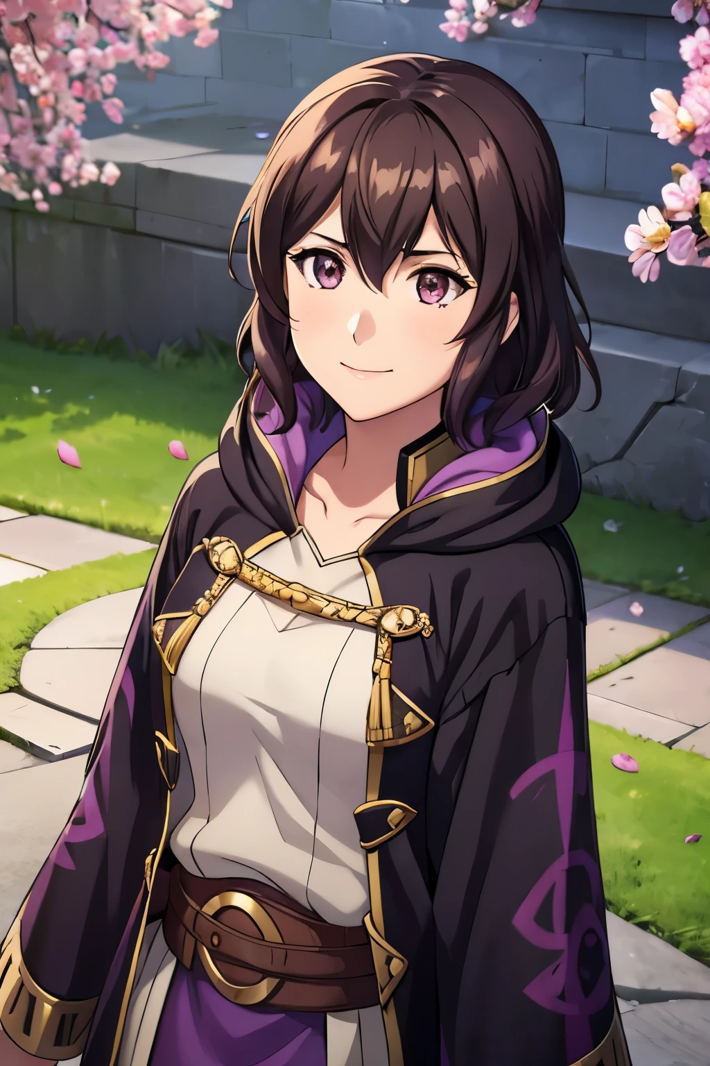 (high-quality, breathtaking),(expressive eyes, perfect face) 1girl, female, solo, portrait, Fire Emblem Awakening, Symmetrical Eyes, open field background, Robin (Fire Emblem: Awakening), dark Brown hair color, short hair length, messy wavy hair, hair ornament, upper body, pink eyes, Black and purple robe, gold trim, hood, white shirt, brown belt, tomb, positive expression, cute smile, detailed eyes, adorable face, short height, Cult of Grima, Fell Dragon Grima, Arms down, female robin (fire emblem), dark brown hair, flower petals, braided bang, soft breeze
