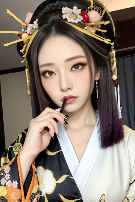 One girl, a woman, Orange eyes, Black Hair, (Very long hair), Hair between the eyes, despair, Innocence, Character design by Yoshitaka Amano, Style by NTY, Yuri, Pathological, Edge only Oiran_woman, ,Perfect Edge Oiran_face,Perfect Edge Oiran_body,edgOiran_compensate,edgOiran_Hairstyle